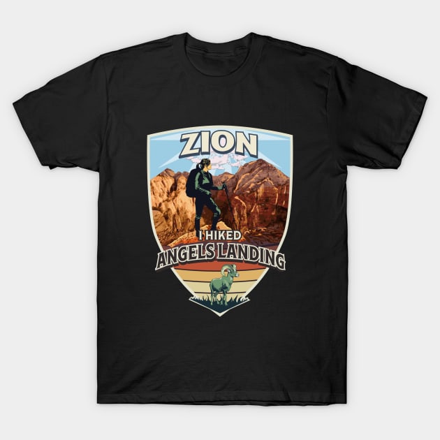 I Hiked Angels Landing in Zion National Park with Bighorn Sheep and Hiker Design for Women T-Shirt by SuburbanCowboy